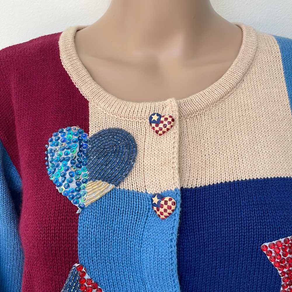 Storybook Knit Cardigan XS patriotic red white blue patchwork - Picture 4 of 7